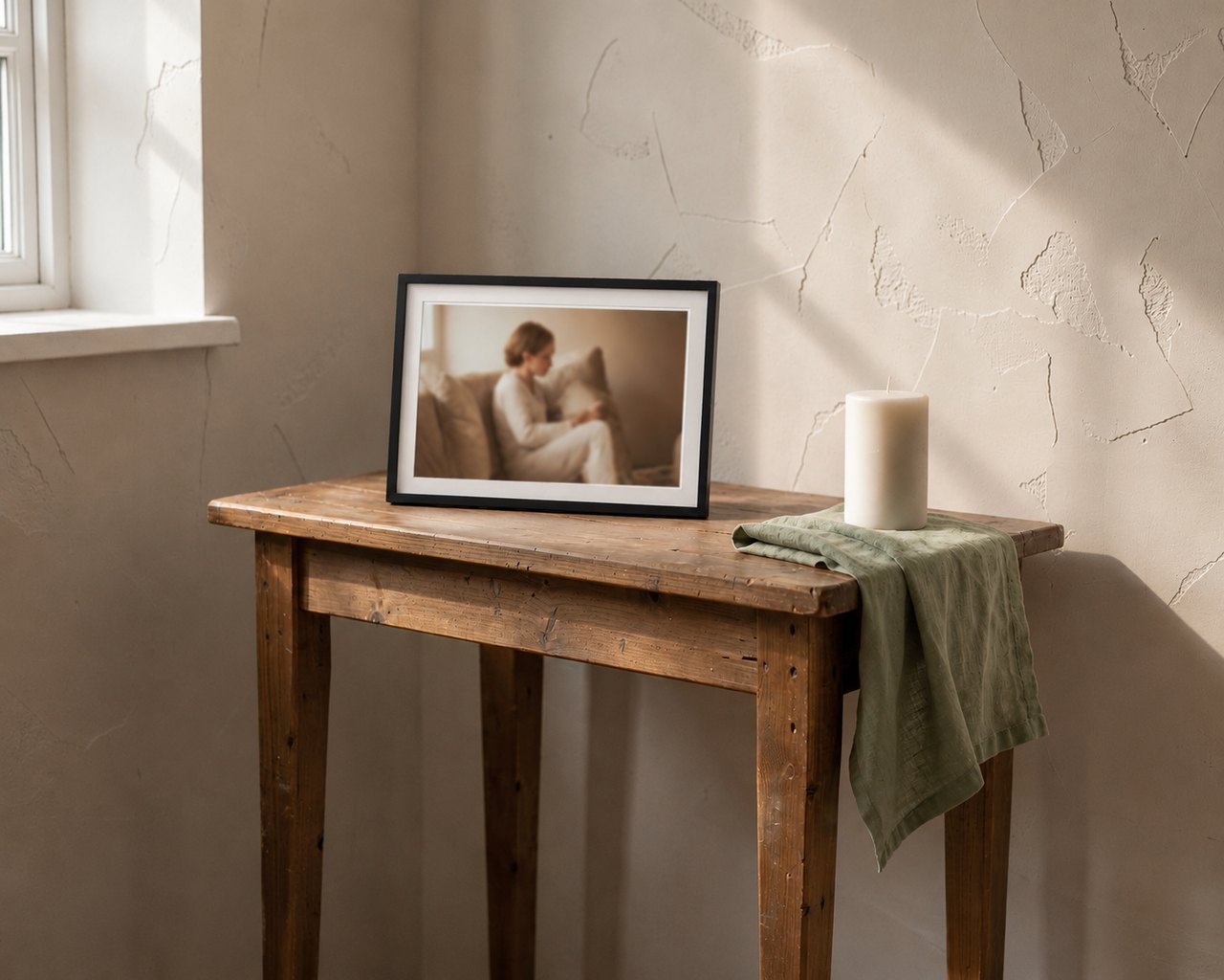 Een platte digitale fotolijst op een houten tafel, met een zachte, onscherpe sepiafoto op het scherm.